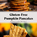 Pumpkin pancakes stacked on a brown glass plate with maple syrup dripping down the sides and a fork holding a slice.