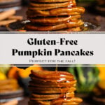 Pumpkin pancakes stacked on a brown glass plate with maple syrup dripping down the sides, with various pumpkins in the background.