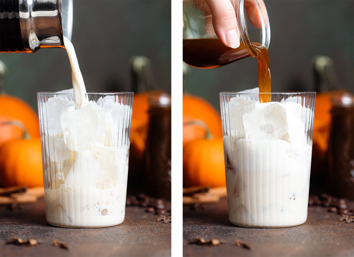 Frothed milk and pumkin spiced syrup being poured into a tall glass over ice.