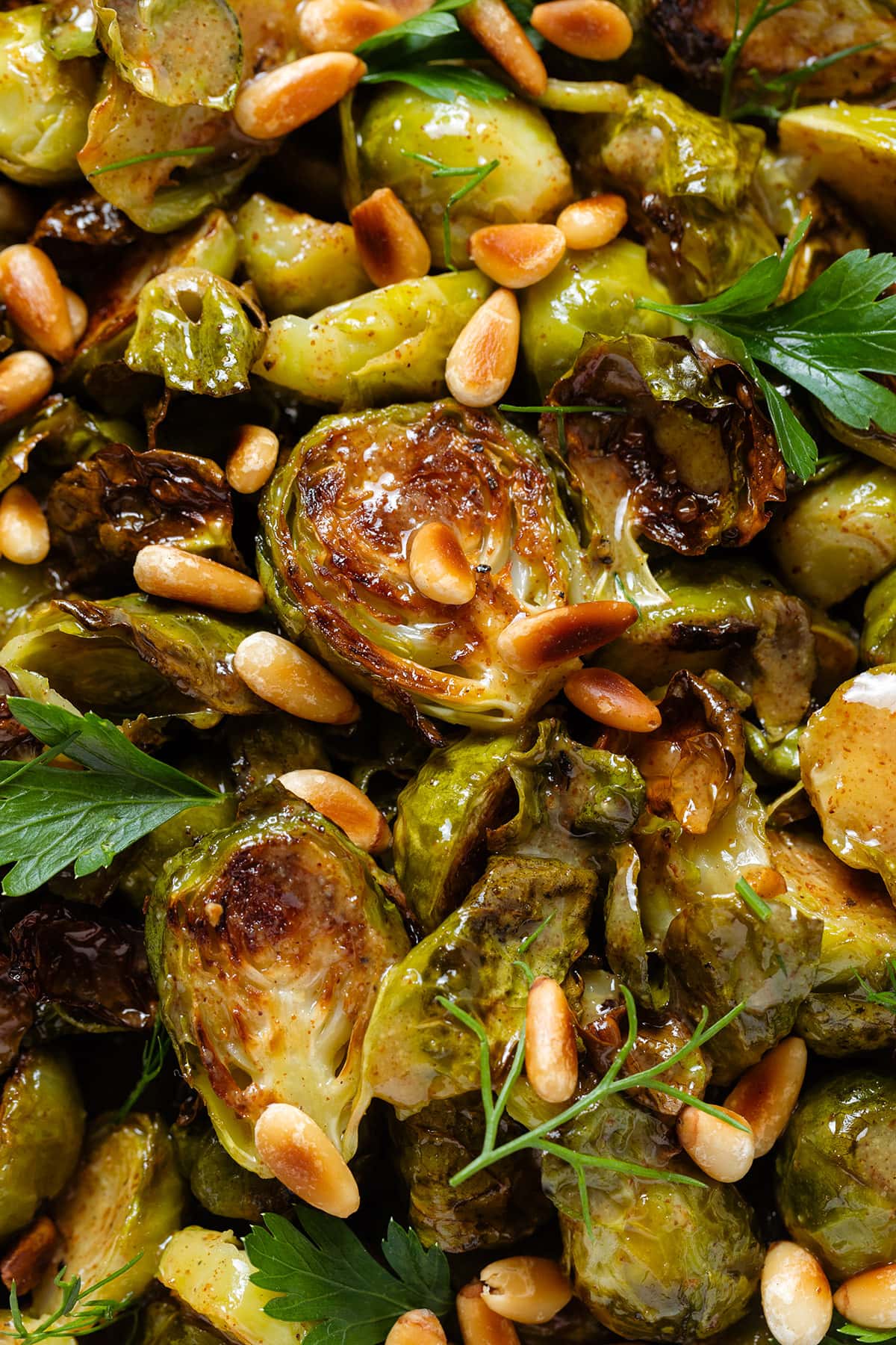 Charred brussels sprouts with a mustard vinaigrette, fresh parsley, and toasted pine nuts.