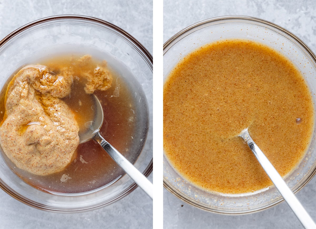 Maple dijon vinaigrette in a glass bowl before and after whisking together.