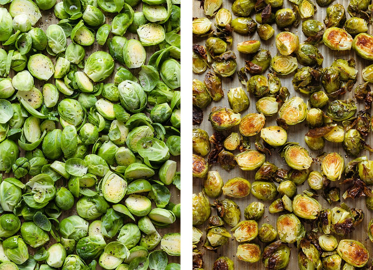 Halved brussels sprouts before and after roasting.