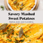 Mashed sweet potatoes in a white bowl topped with fried sage leaves and chives.