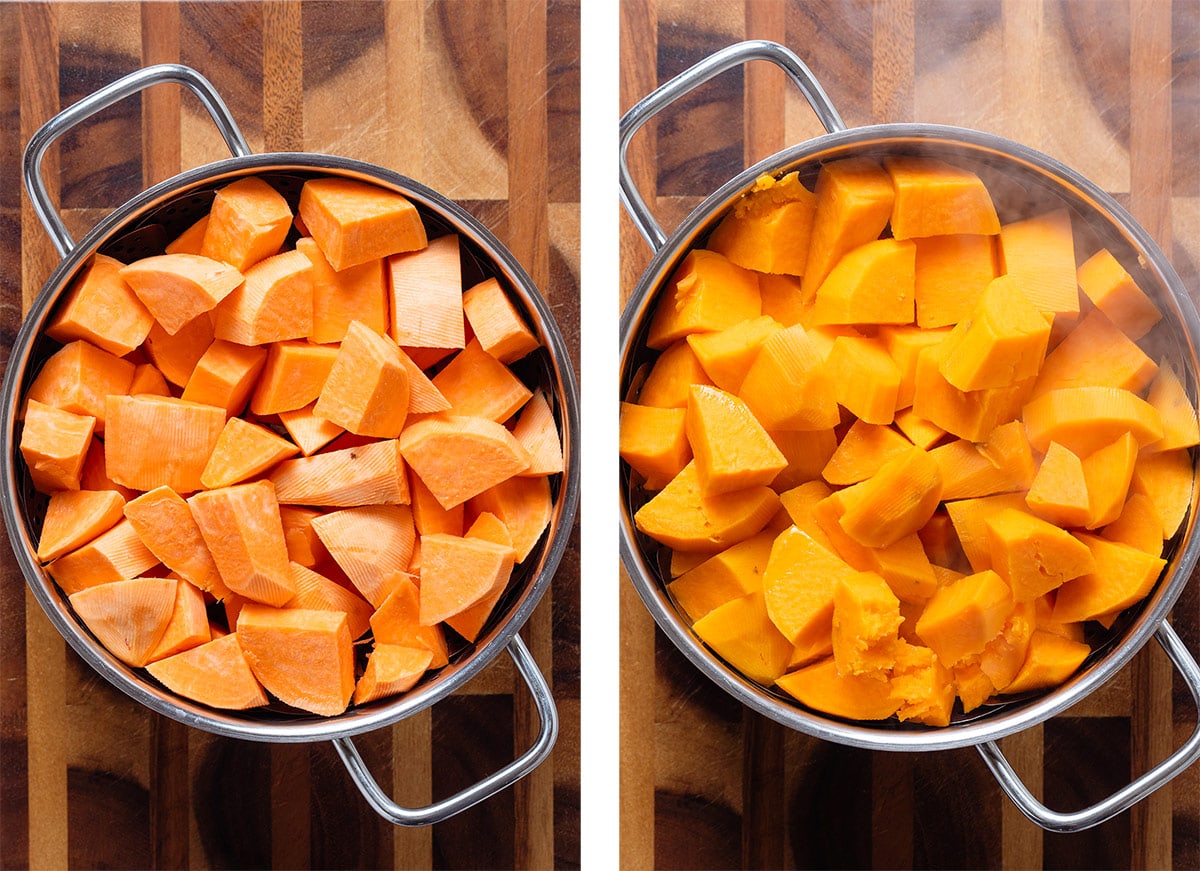 Peeled and chopped sweet potatoes before and after steaming in a large pot.
