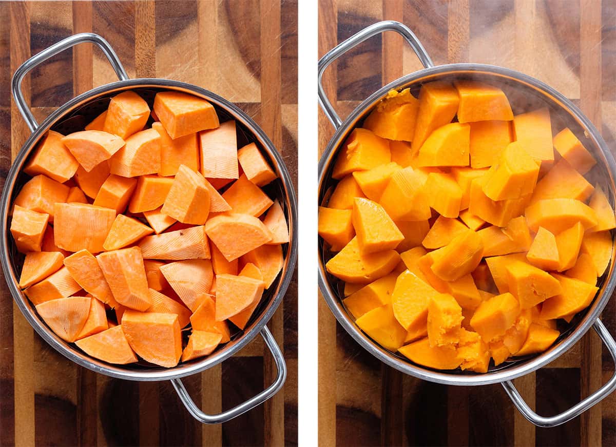 Peeled and chopped sweet potatoes before and after steaming in a large pot.