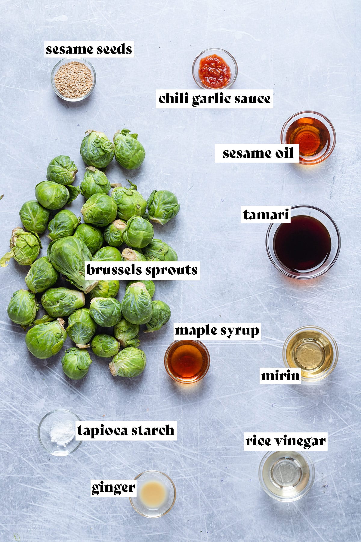 Raw brussels sprouts, tamari, maple syrup, mirin, rice vinegar, and other ingredients on a grey background.