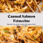 Fettuccine with creamy sundried tomato sauce and canned salmon in a low grey bowl topped with fresh dill and parmesan.