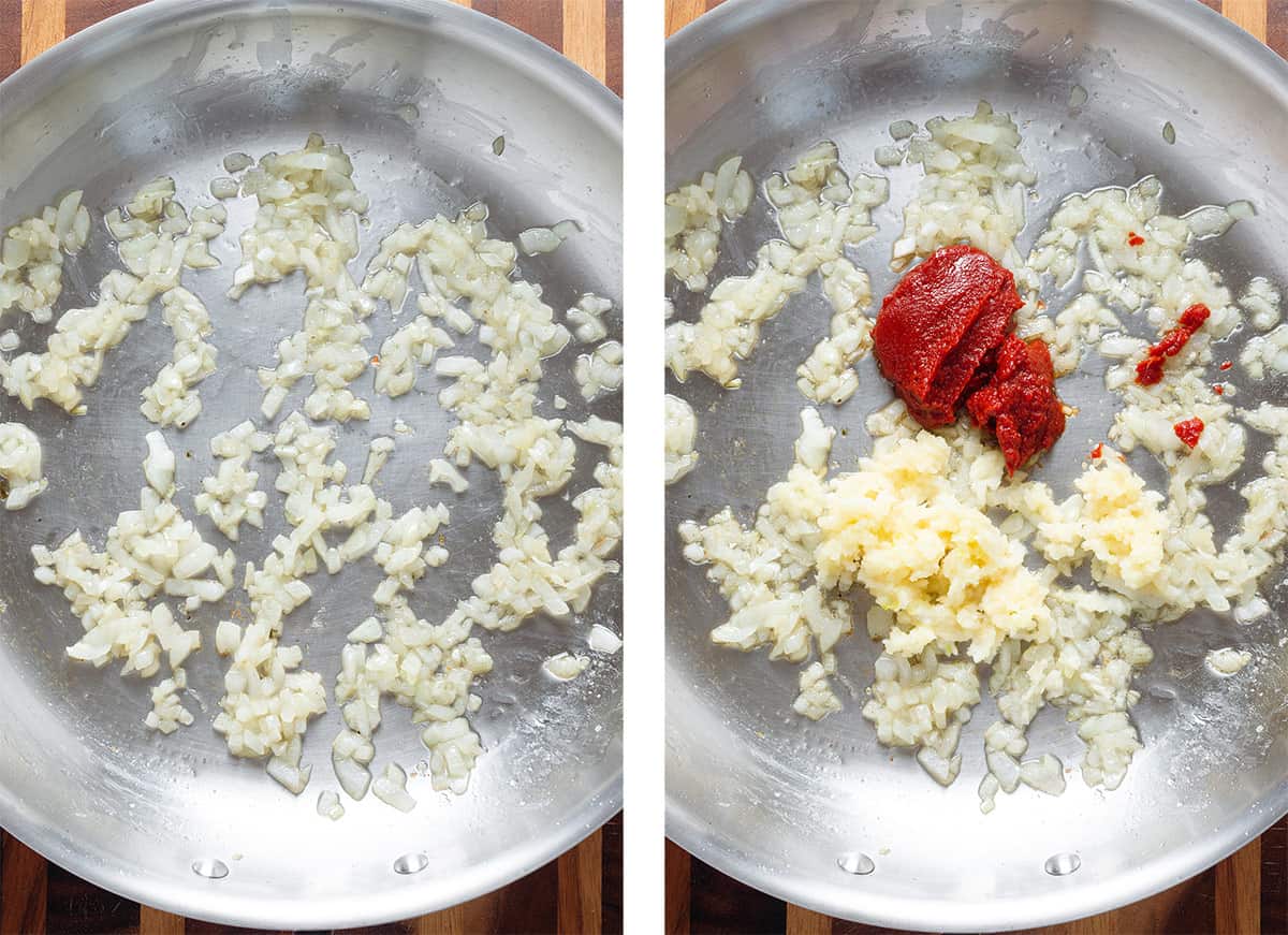 A large skillet with finely chopped onion, garlic, and tomato paste cooking.