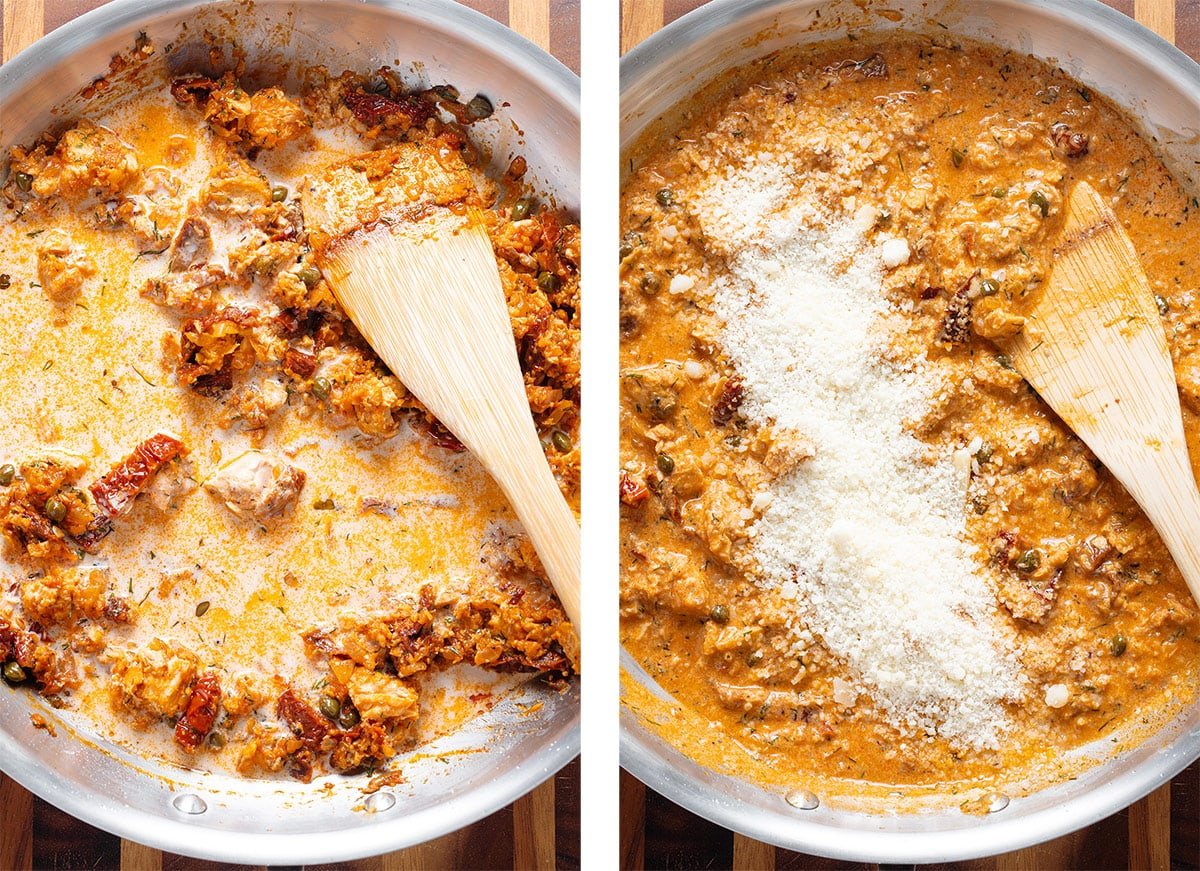 Creamy red sundried tomato pasta sauce in a large skillet with grated parmesan sprinkled on top.