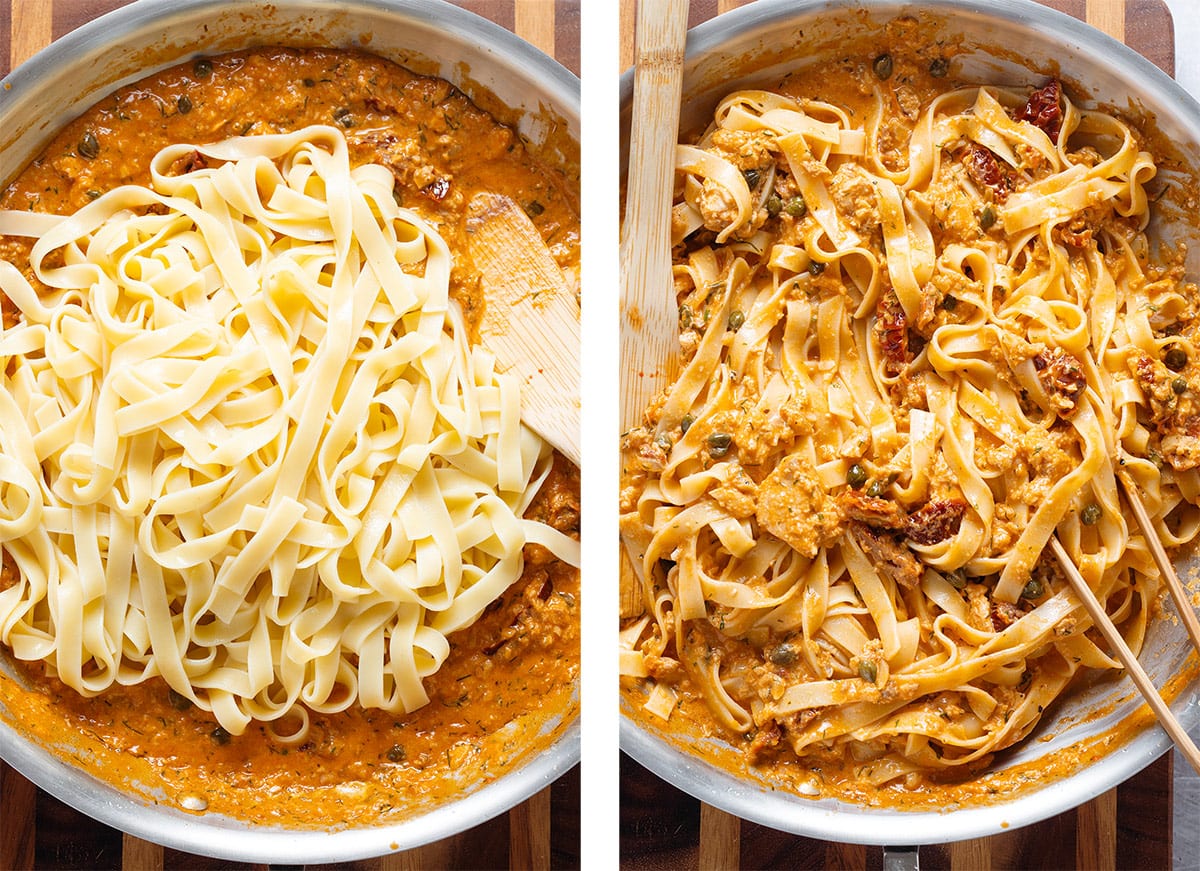 Sundried tomato salmon pasta sauce in a large skillet with fettuccine before and after tossing together.