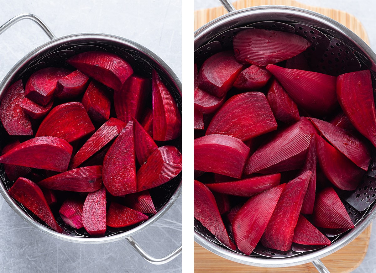 Chopped beets before and after steaming in a large pot.