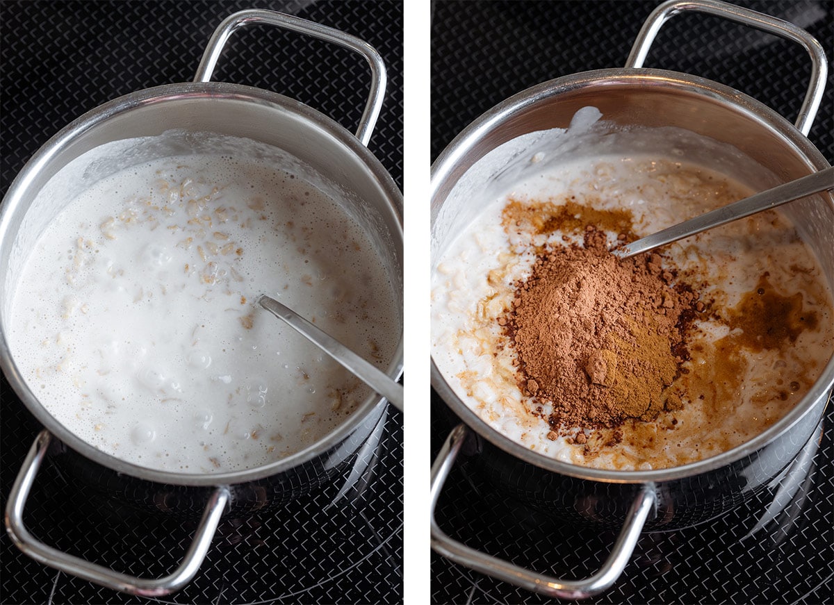 Oatmeal cooking in a small saucepan on the left and cacao and espresso being added to it on the right.