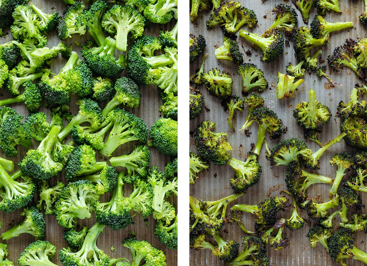 Broccoli florets on a large baking sheet before and after roasting.
