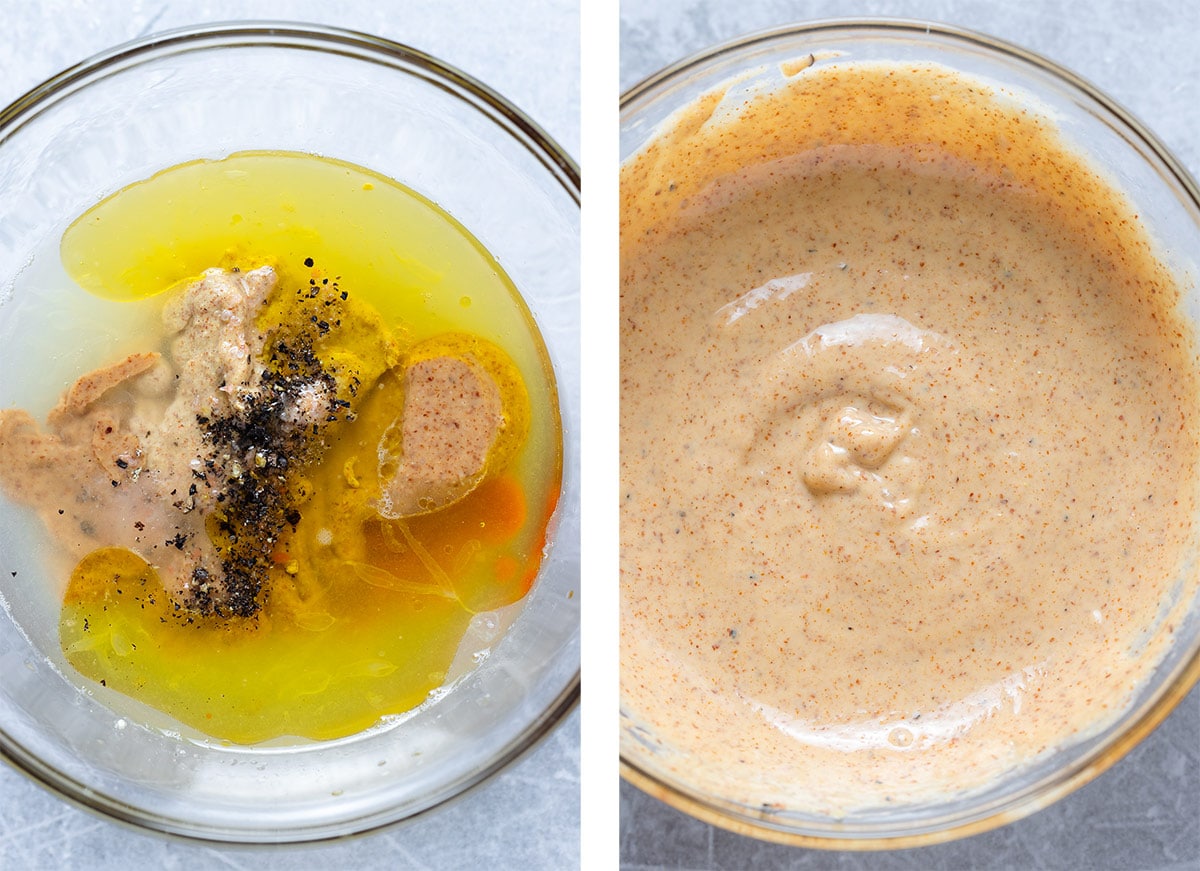 Creamy almond butter dressing in a small glass bowl before and after whisking all the ingredients together.