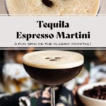 An espresso martini in a coupe glass with foam on top garnished with three coffee beans on a beige and dark green background.