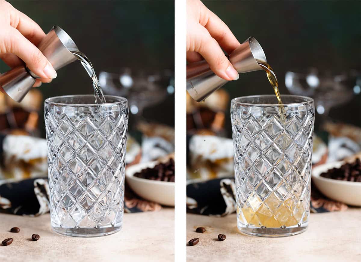 Tequila and syrup being poured into a glass cocktail shaker with a dark green backdrop.