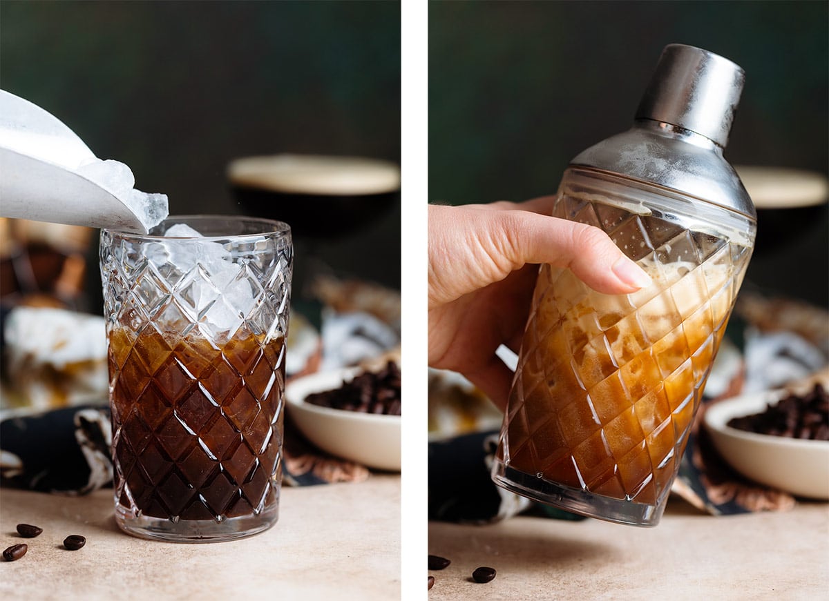 Ice being added to a cocktail shaker with espresso martini ingredients on the left and a hand shaking the cocktail on the right.