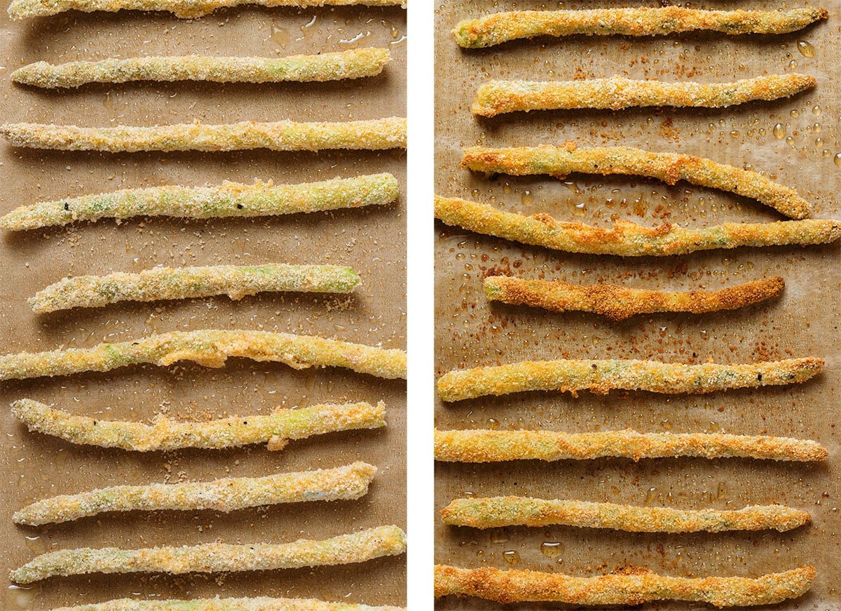 Breaded asparagus on a baking sheet with baking paper before and after roasting.