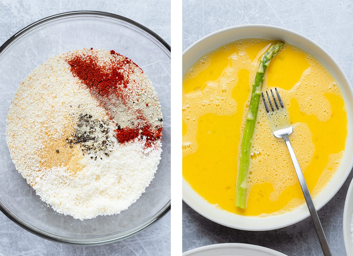Breadcrumbs being mixed with spices and parmesan in a glass bowl on the left and asparagus being coated with egg on the right.