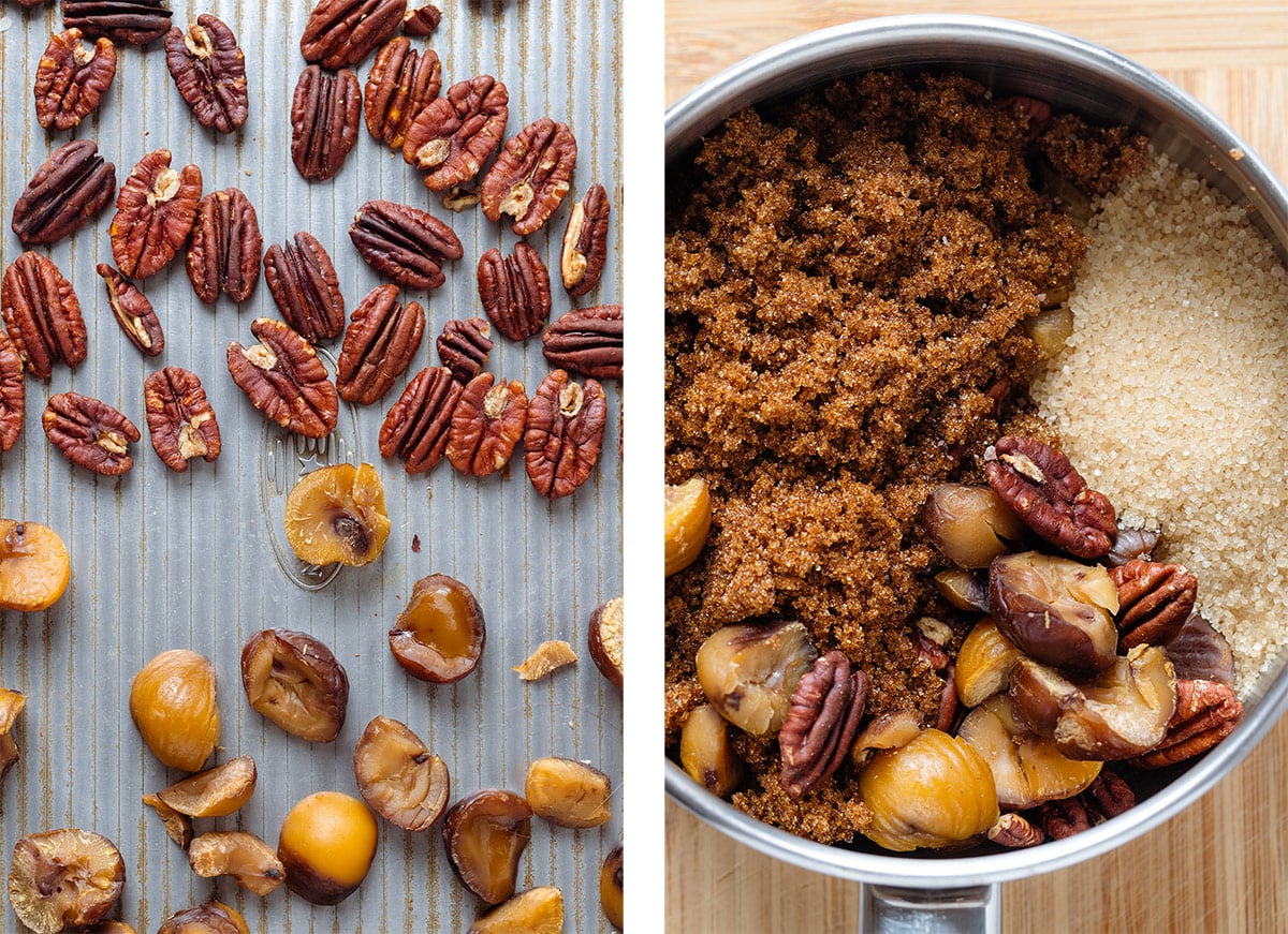 Pecans and chestnuts on a baking sheet and then being added to a saucepan with sugar.