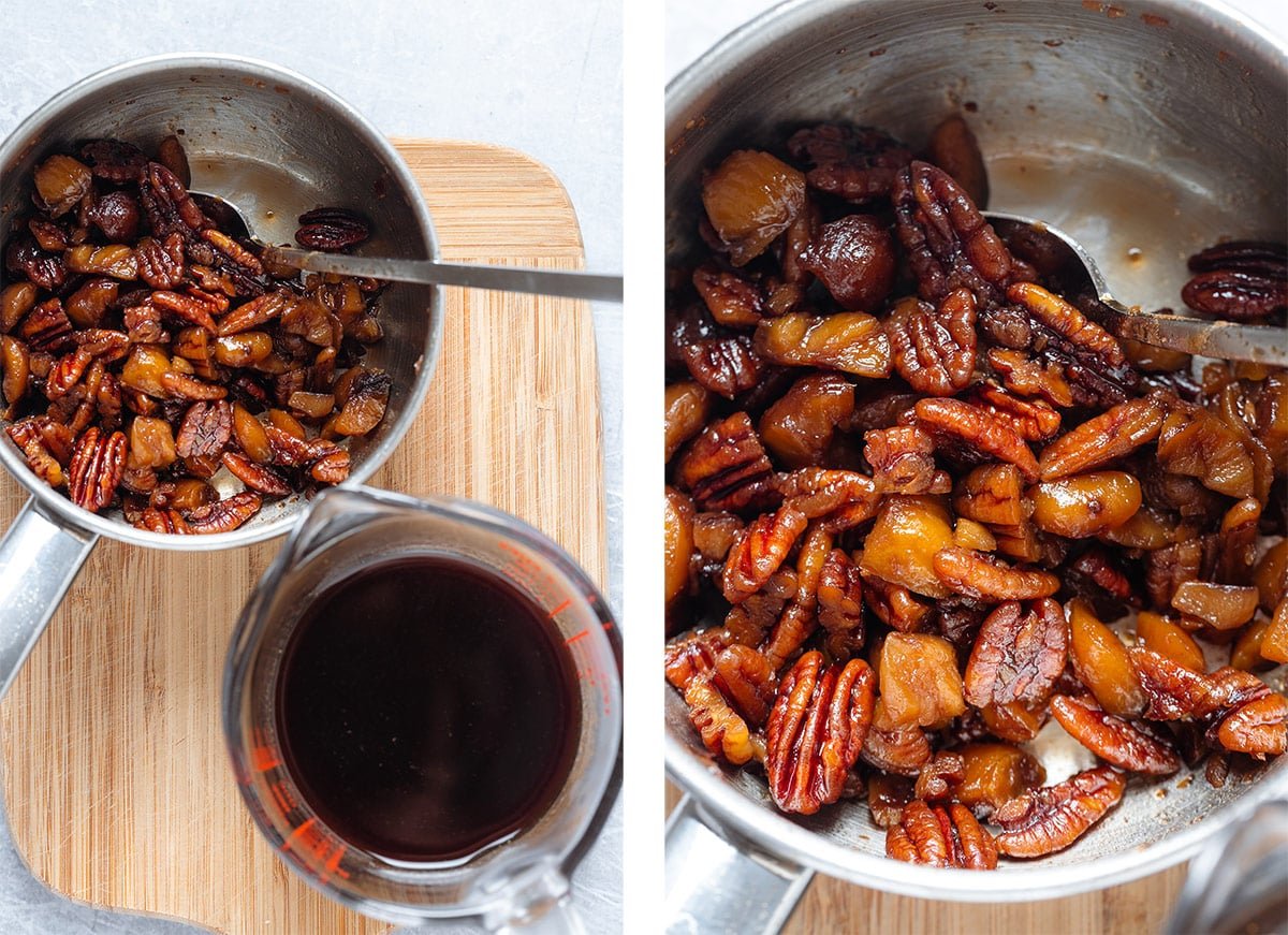 Pecans and chestnuts cooked with sugar and water into syrup and strained into a glass measuring cup.