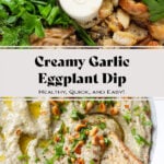 Creamy eggplant dip in a grey low bowl, topped with toasted pine nuts, and a slice of a baguette dipped into the dip.