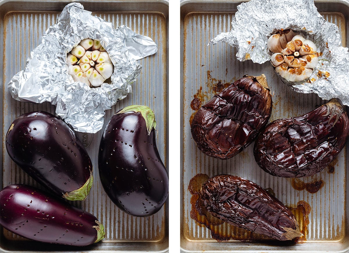 Whole eggplants and whole garlic on a baking sheet before and after roasting.