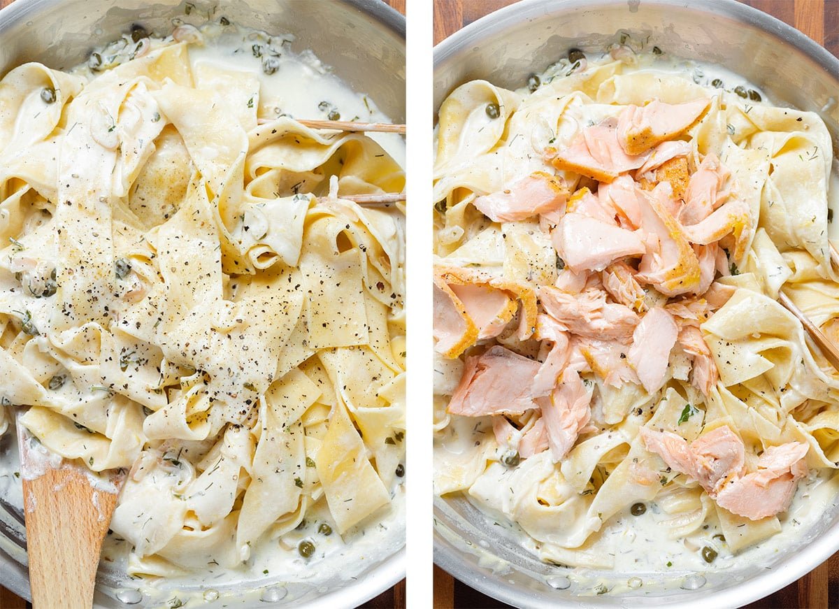 Pappardelle with roasted salmon, creamy white sauce, black pepper, and fresh herbs in a large skillet.
