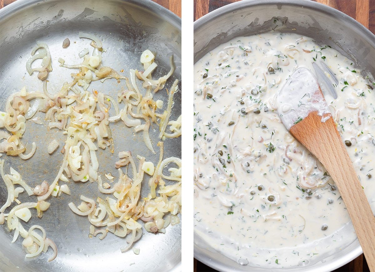 A large skillet with cooked shallots and creamy white sauce.