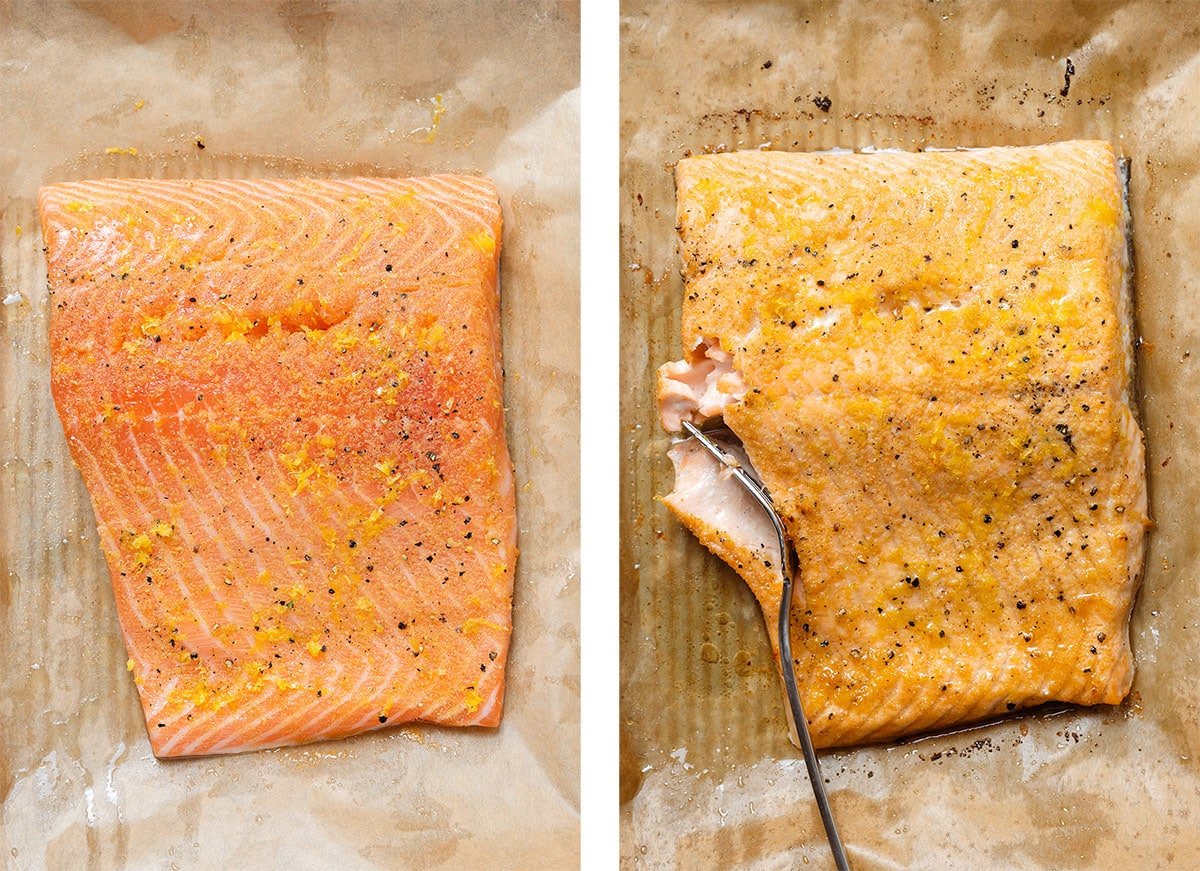 Salmon fillet on a baking sheet with parchment paper before and after roasting.