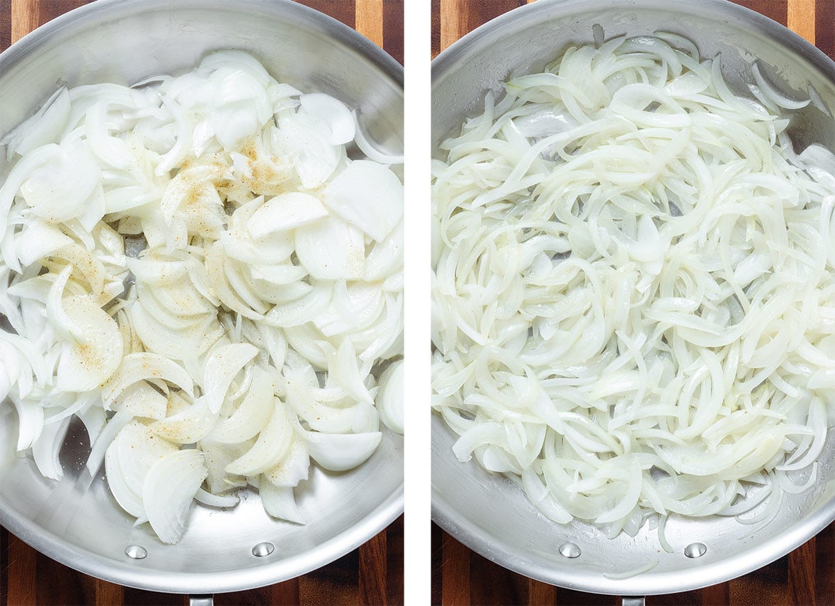 Chopped sweet onions in a large skillet before and after sauteeing.
