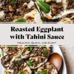 Halved roasted eggplant with spices, tahini sauce, herbs, and pine nuts on a large white serving plate.