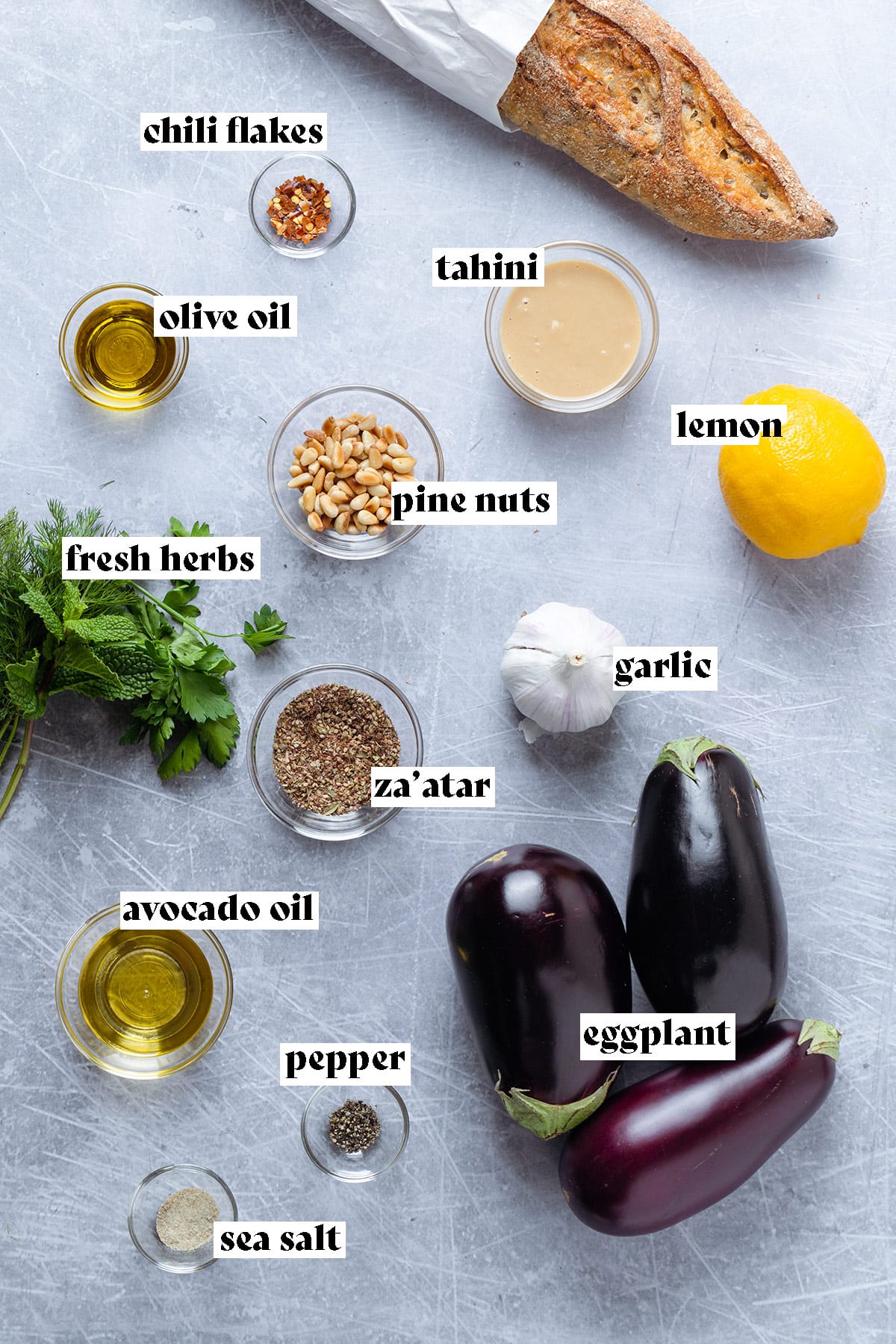 Ingredients like eggplant, pine nuts, tahini, herbs, lemon all laid out on a grey background.