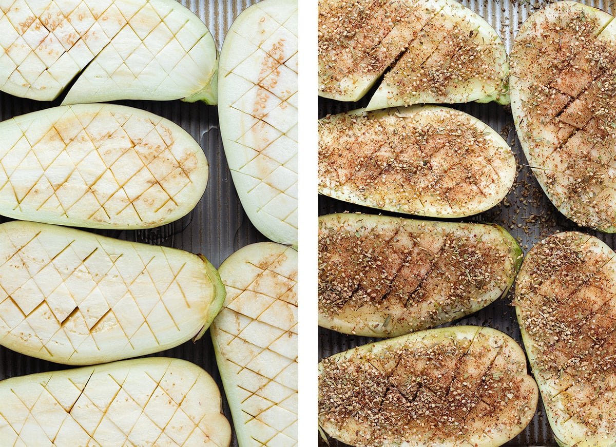 Halved and scored eggplant before and after seasoning on a baking sheet.