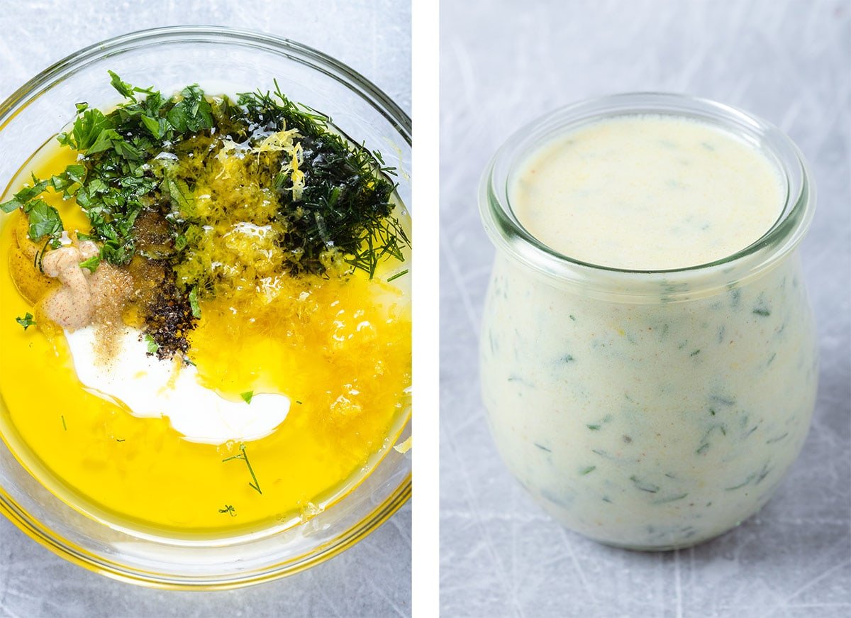 Creamy yogurt dressing with herbs and lemon zest before and after whisking.