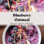 Bright purple blueberry oatmeal in a white bowl garnished with blueberries, nut butter, and hemp seeds on a dark wooden background.