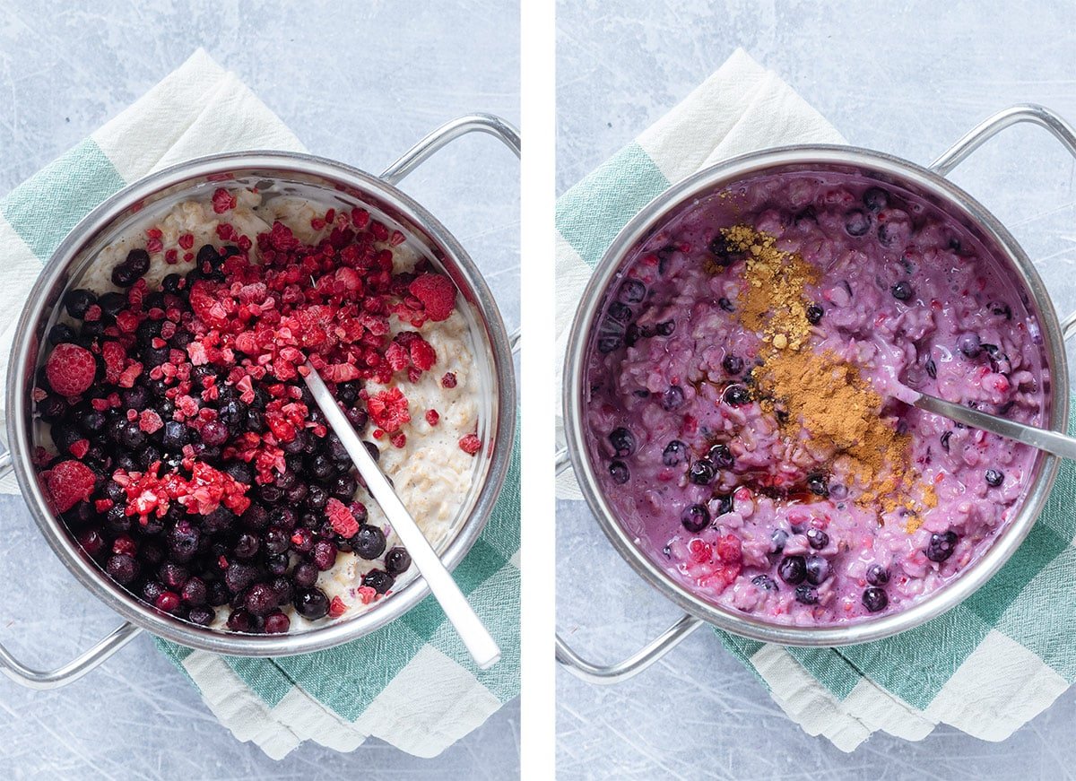 Cooked oatmeal in a small cooking pot with frozen berries before and after mixing them in.