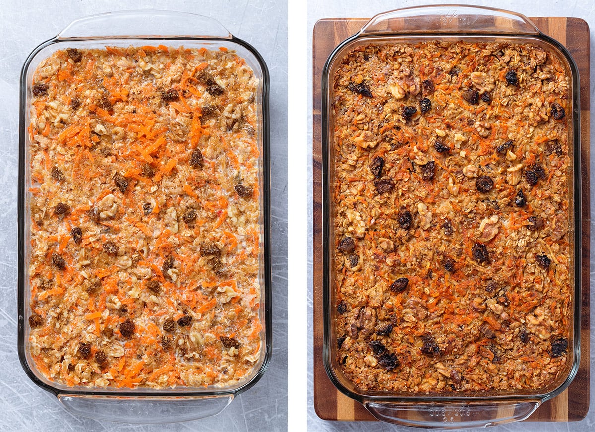 Carrot cake oatmeal in a large glass baking dish before and after baking.