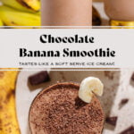 Chocolate smoothie in a tall glass with a shiny gold thick stem garnished with a slice of banana and shaved chocolate.