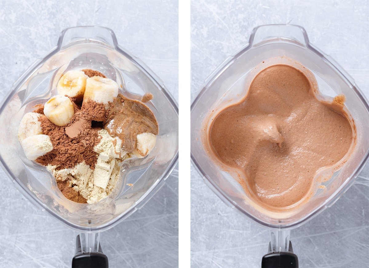 Frozen bananas with cacao, protein powder, and other ingredients in a blender before and after blending.