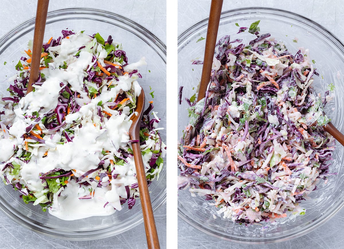 Coleslaw mix and cilantro before and after mixing with creamy dressing.