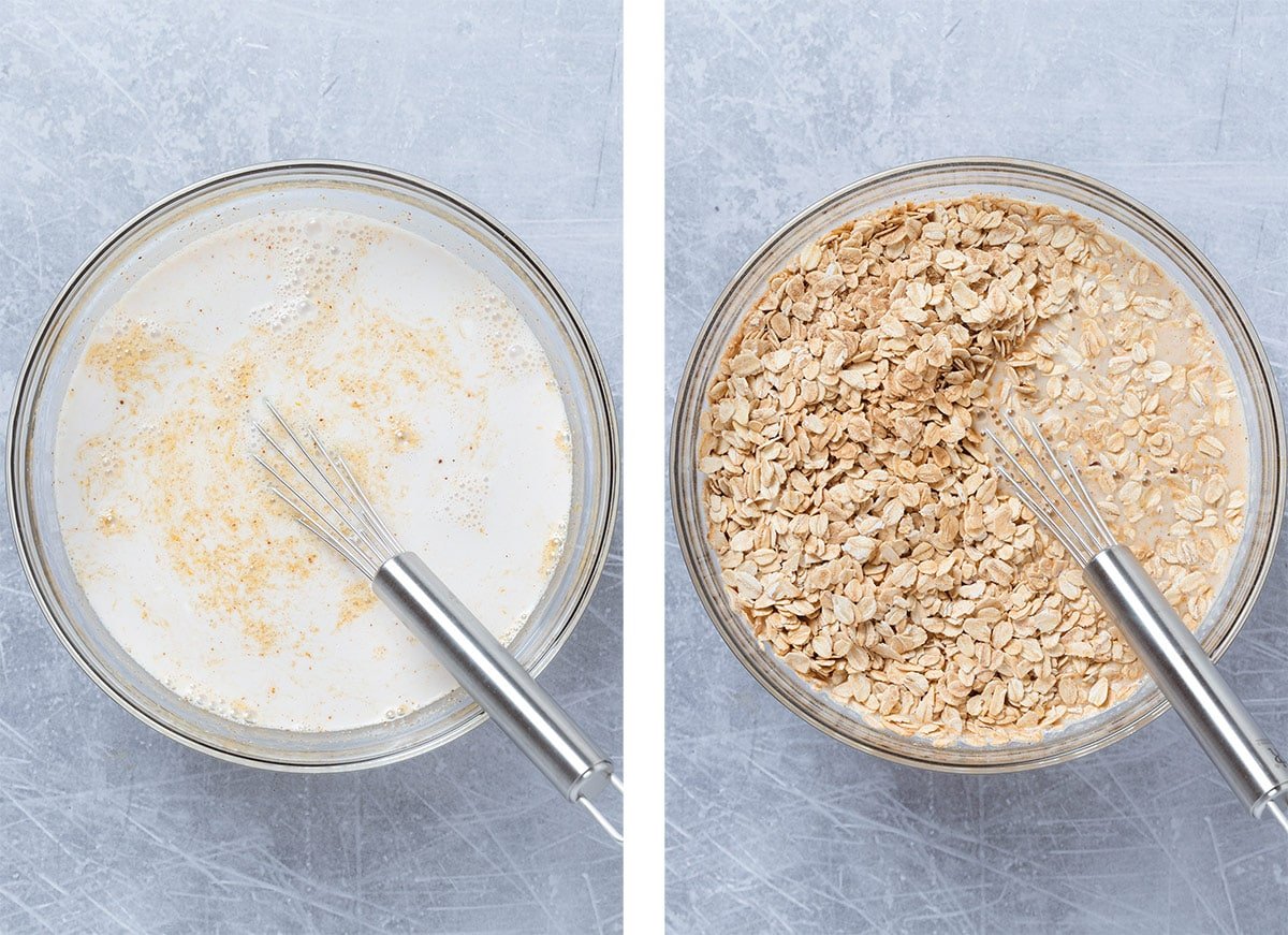 Adding oats and other dry ingredients into wet ingredients in a large glass bowl.