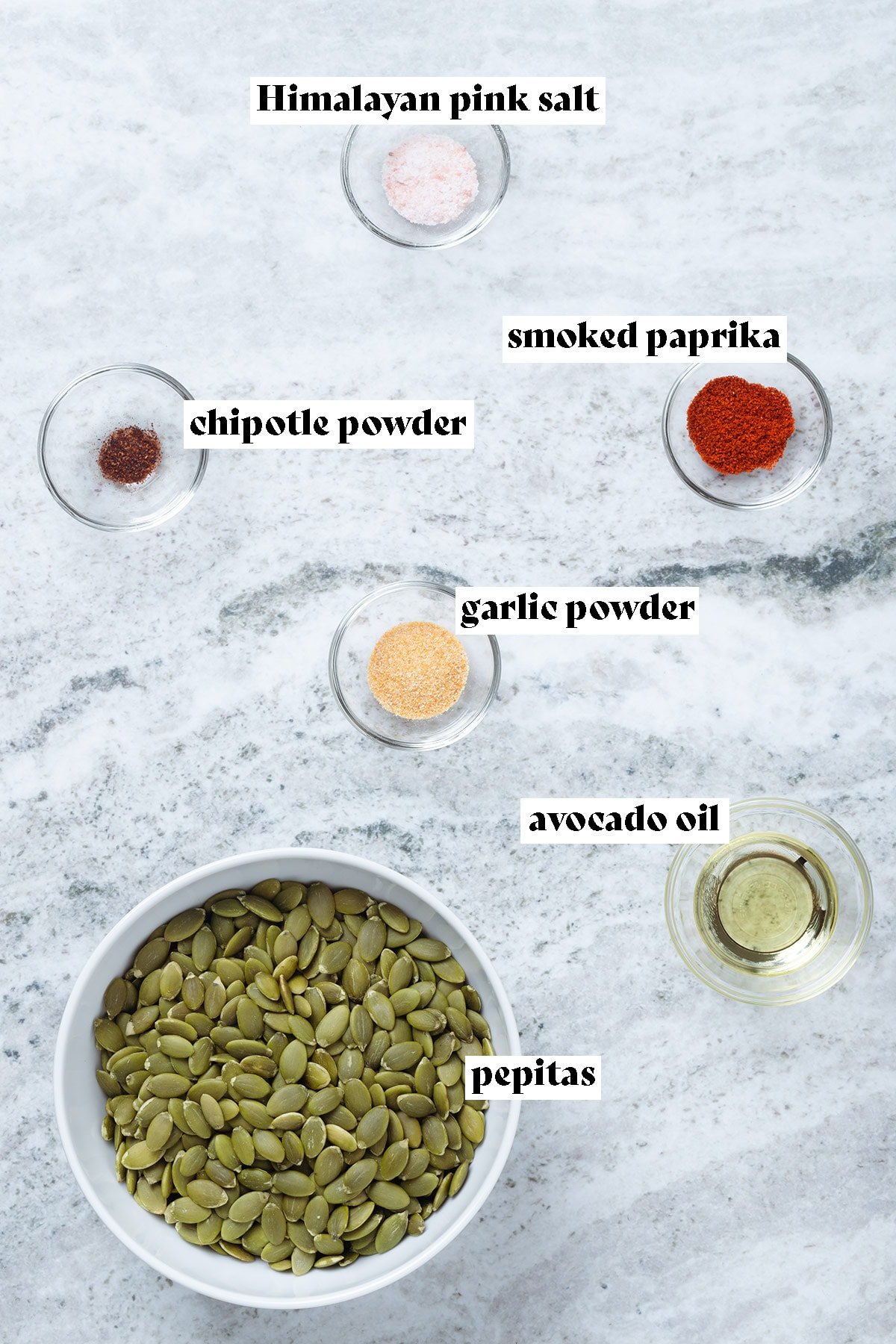 Pepitas and spices laid out on a grey stone background with text overlay explaining ingredients.