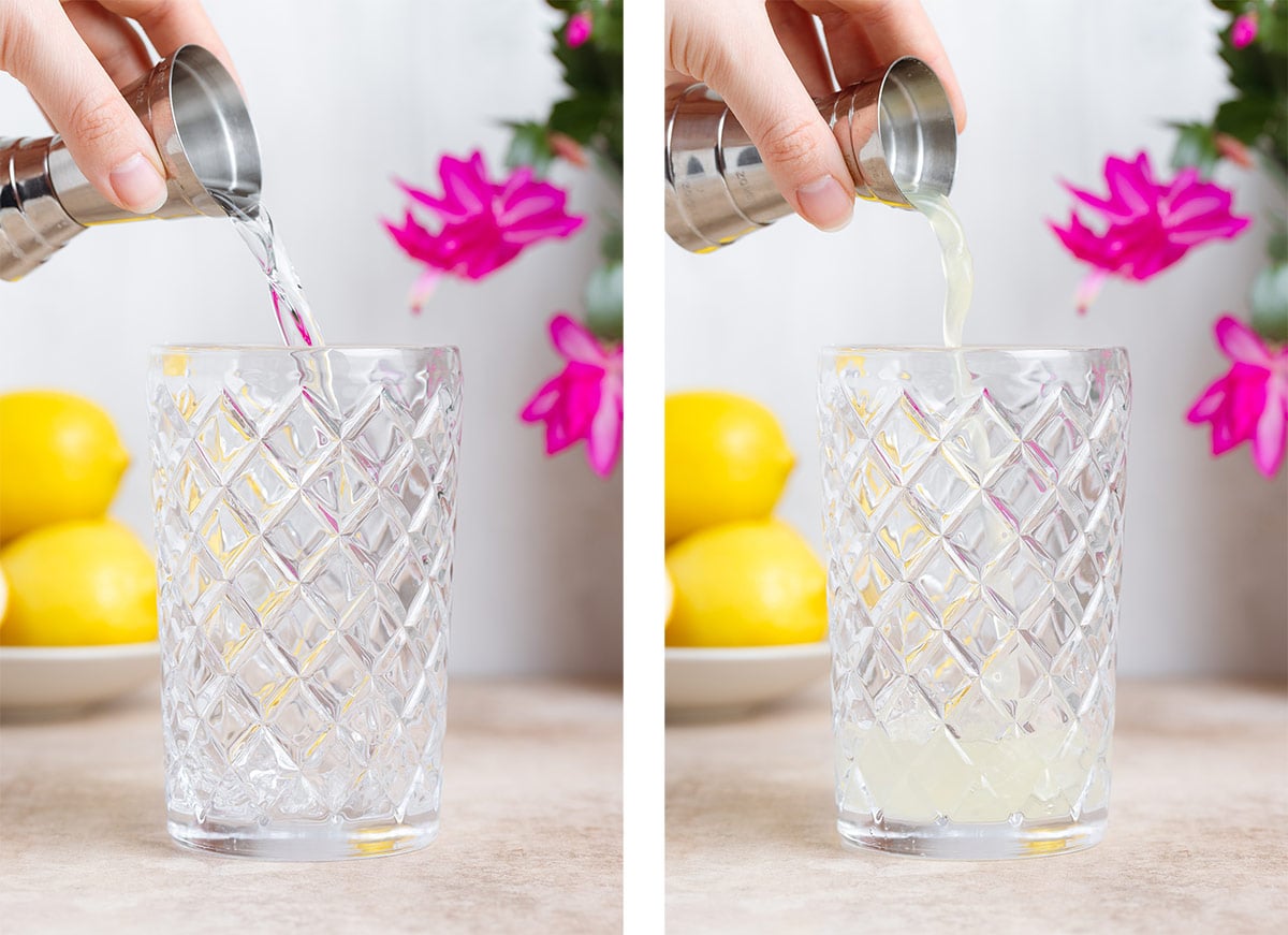 Tequila and lemon juice being poured into a glass cocktail shaker.