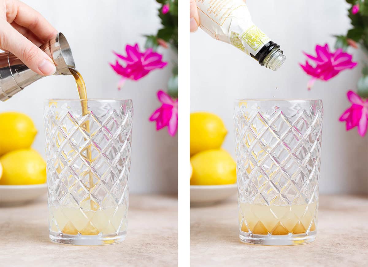 Simple syrup and orange bitters being added to a glass cocktail shaker.