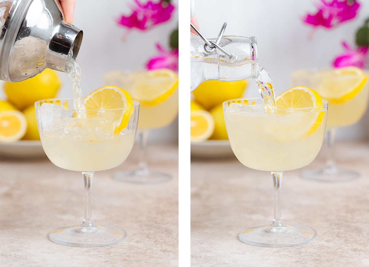 Lemon margarita being poured into a coupe glass over ice and being topped with sparkling water.