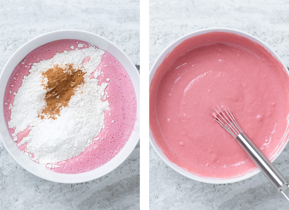 Pink pancake batter before and after whisking together in a large white bowl.