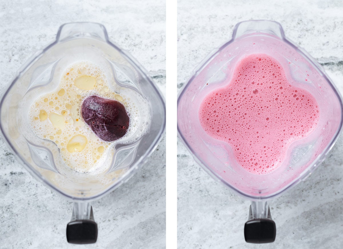 A blender with liquid ingredients and cooked beets for pancake batter before and after blending together.