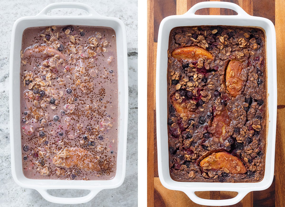 Berry baked oatmeal before and after baking in a white baking dish.