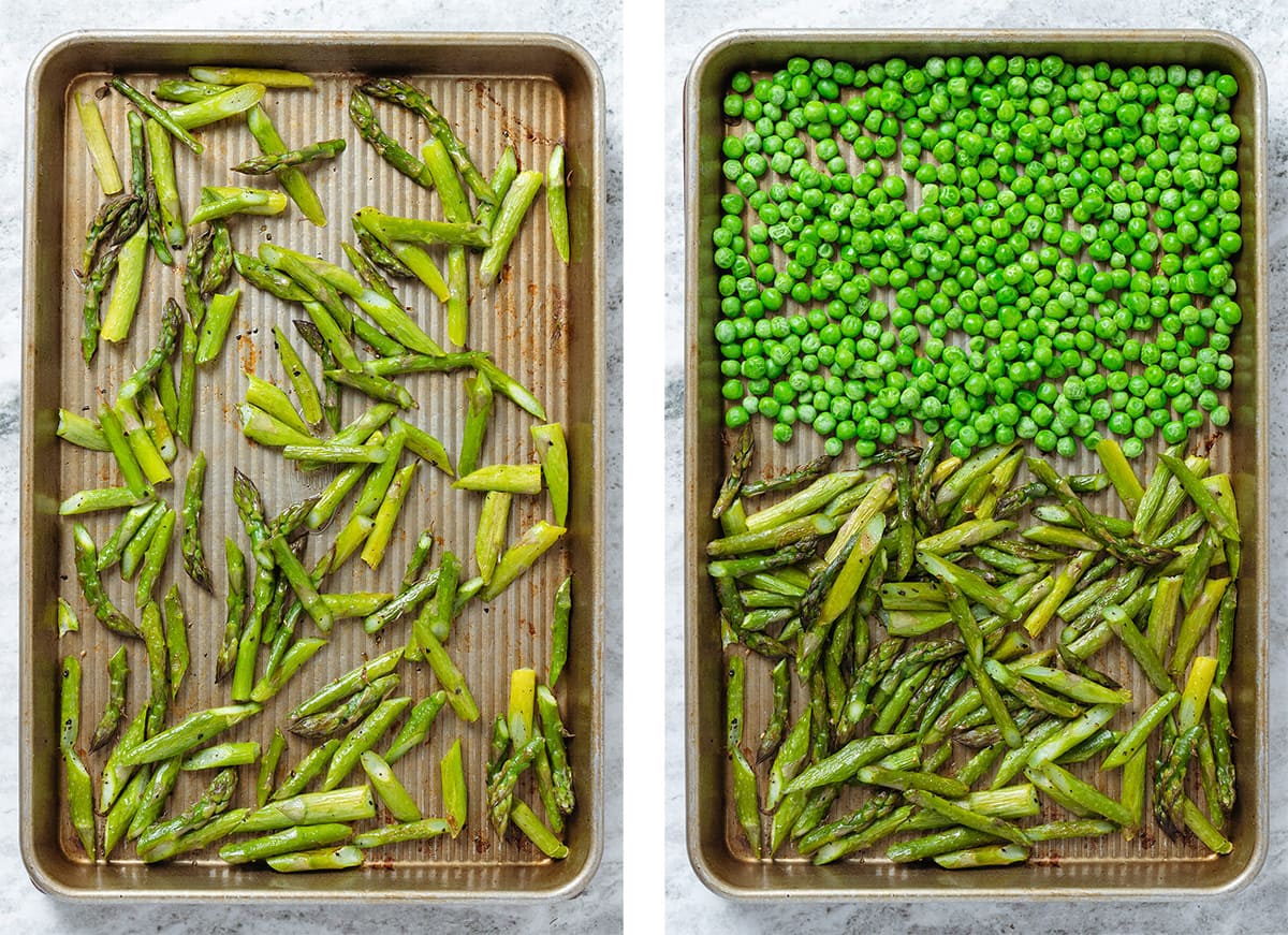 A baking sheet with roasted asparagus and peas.